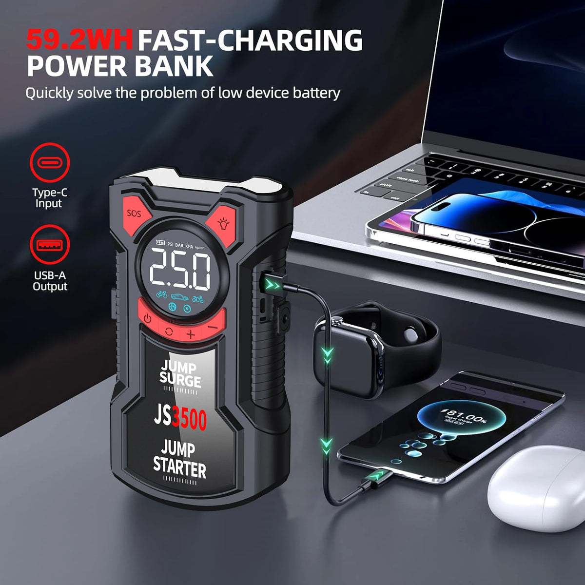 PAIVIROKU 5-in-1 Multifunctional Air Pump Jump Starter with Air Compressor 3000A Peak/150PSI Battery Jump Starter Digital Tire Inflator