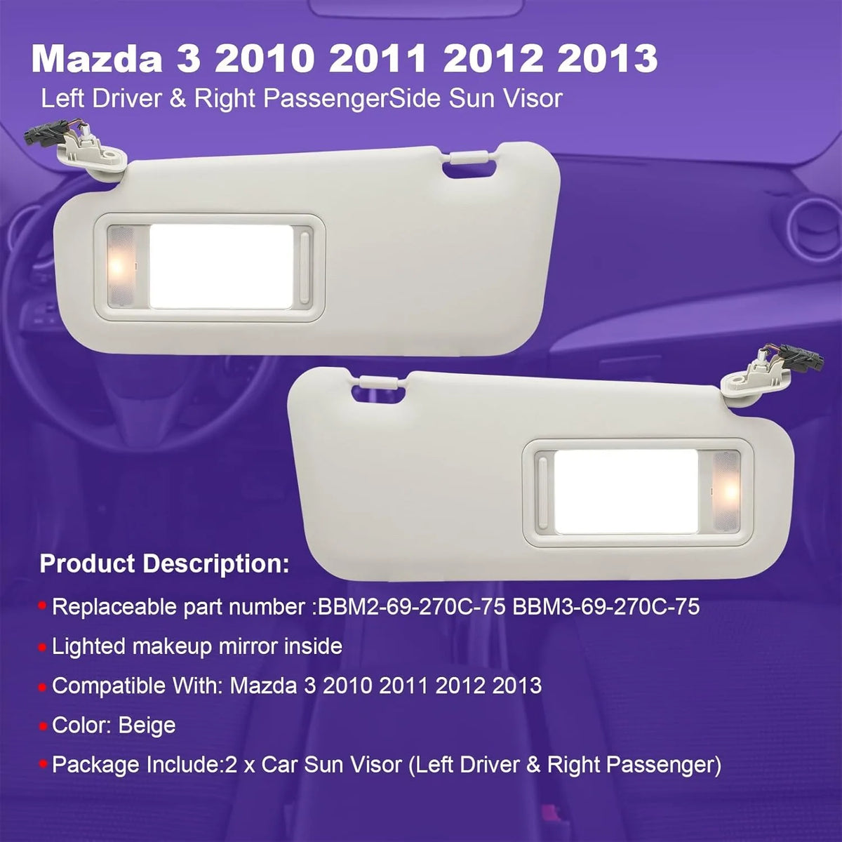 Car Sun Visor For Mazda 3 Mazda3 2010 2011 2012 2013 Left Driver Sun Shade Right Side Sunshade Panel Replacement BBM2 69 320C 75