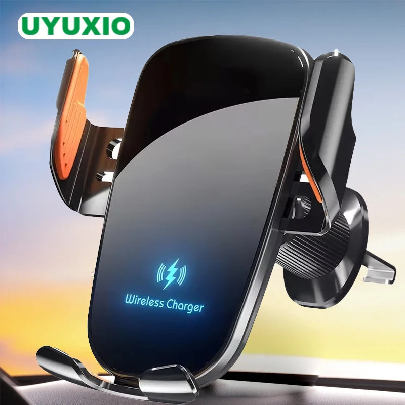 UYUXIO Manual Clamp Wireless Car Charger | 15W Fast Charging Air Vent Mount for iPhone Samsung Andro