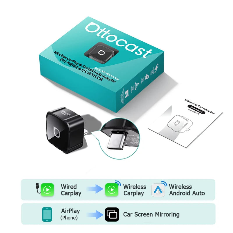 OTTOCAST MINI AIR Cube 4.0 Wireless CarPlay Android Auto Adapter 3 in 1 Dongle Airplay close-up view