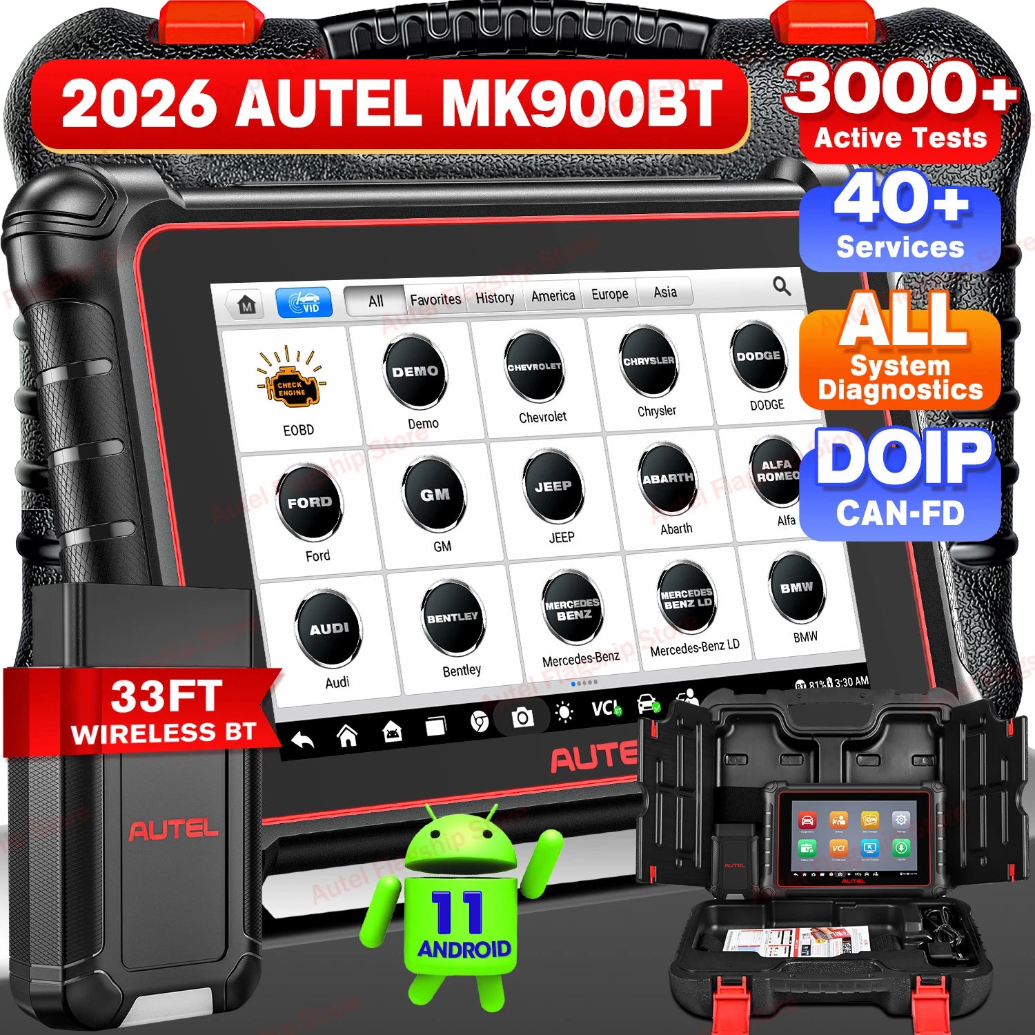 Autel MaxiCOM MK900 BT MK900BT 8 Inch Car Diagnostic Tools 40+ Services CAN FD DOIP OBD2 Scanner Upg