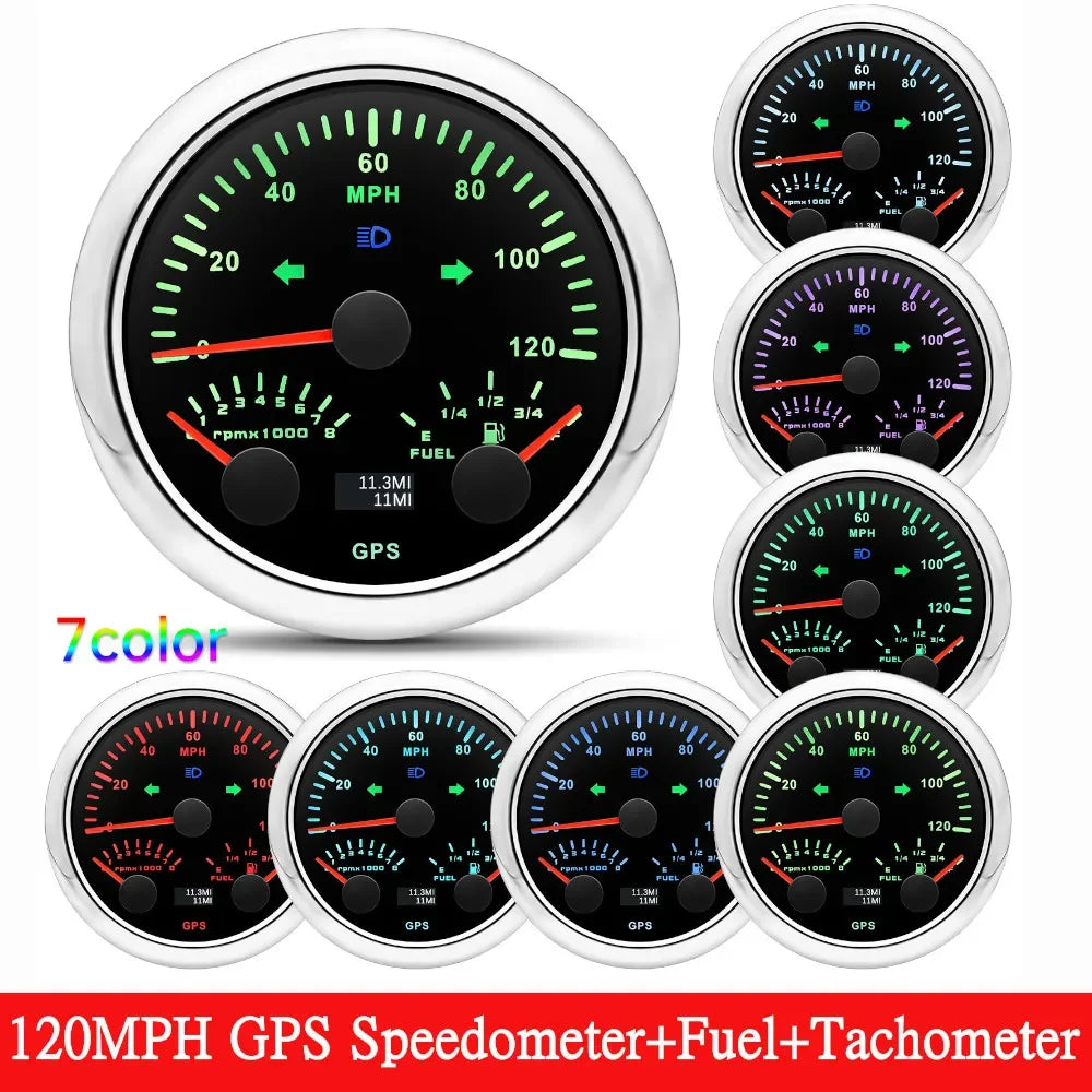 HD Customized 85MM 3 IN 1 Gauge 120kmh 120MPH GPS Speedometer Fuel Gauge Voltage Voltmeter Tachometer RPM Sesnor With Antenna
