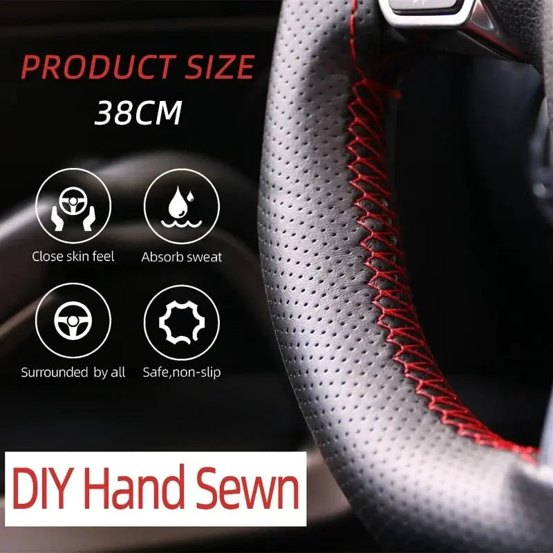 Universal Leather Car Steering Wheel Stitch On Wrap Cover Fit for 38cm 14" DIY Sewi additional angle