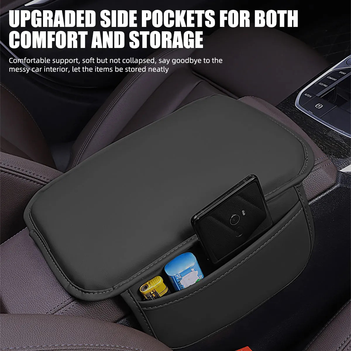 Car Center Console Protector Cover Upgraded Armrest Box Cushion Arm Rest Mat with Side Storage Pocket PU Leather Car Accessories