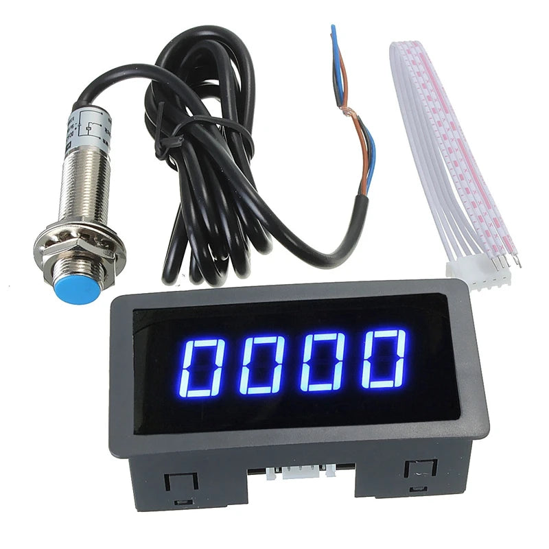 4 Digital LED Blue Green Tachometer Gauge RPM Speed Meter with Hall Proximity Switch S close-up view