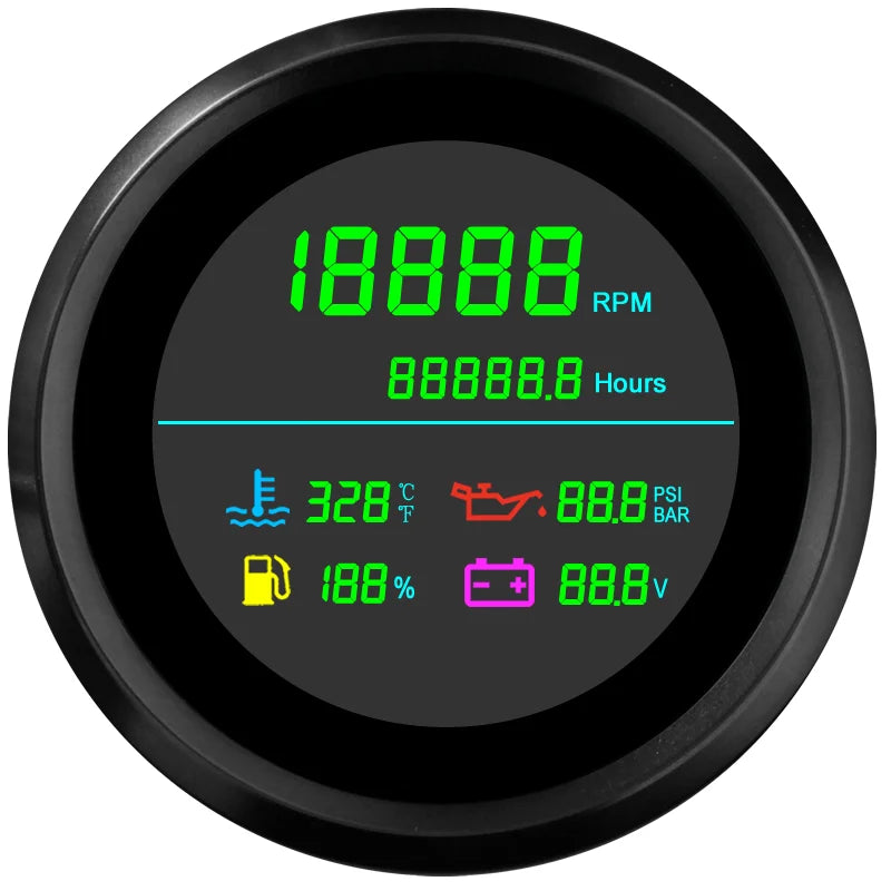 85mm 6 in 1 LCD MultiFunction Gauge | Tachometer Fuel Level Water Temp Oil Pressure V lifestyle view