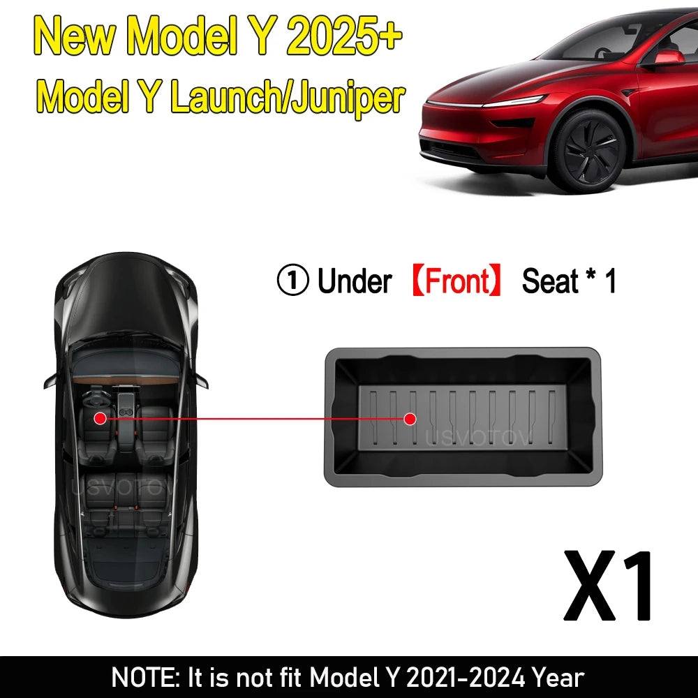 Tesla New Model Y Juniper 2025+ Seat Storage Box – Center Console Organizer Bins (Front detail view