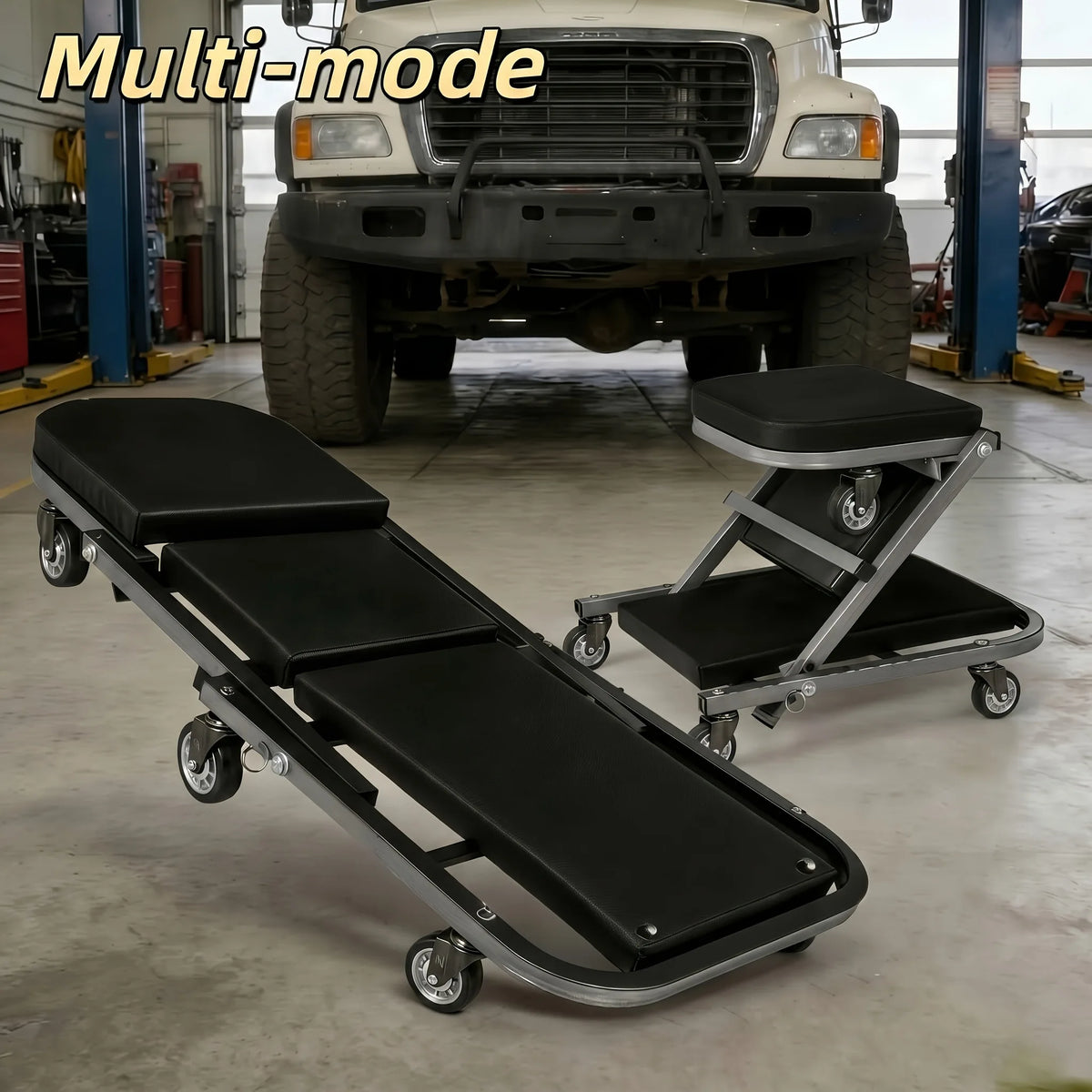3-In-1 Auto Repair Bench with Roller Moving Tool Tray Foldable Adjustable Rolling Garage Seat 300 Lbs Capacity Lying Sitting Leaning with 6 Wheel Rollers