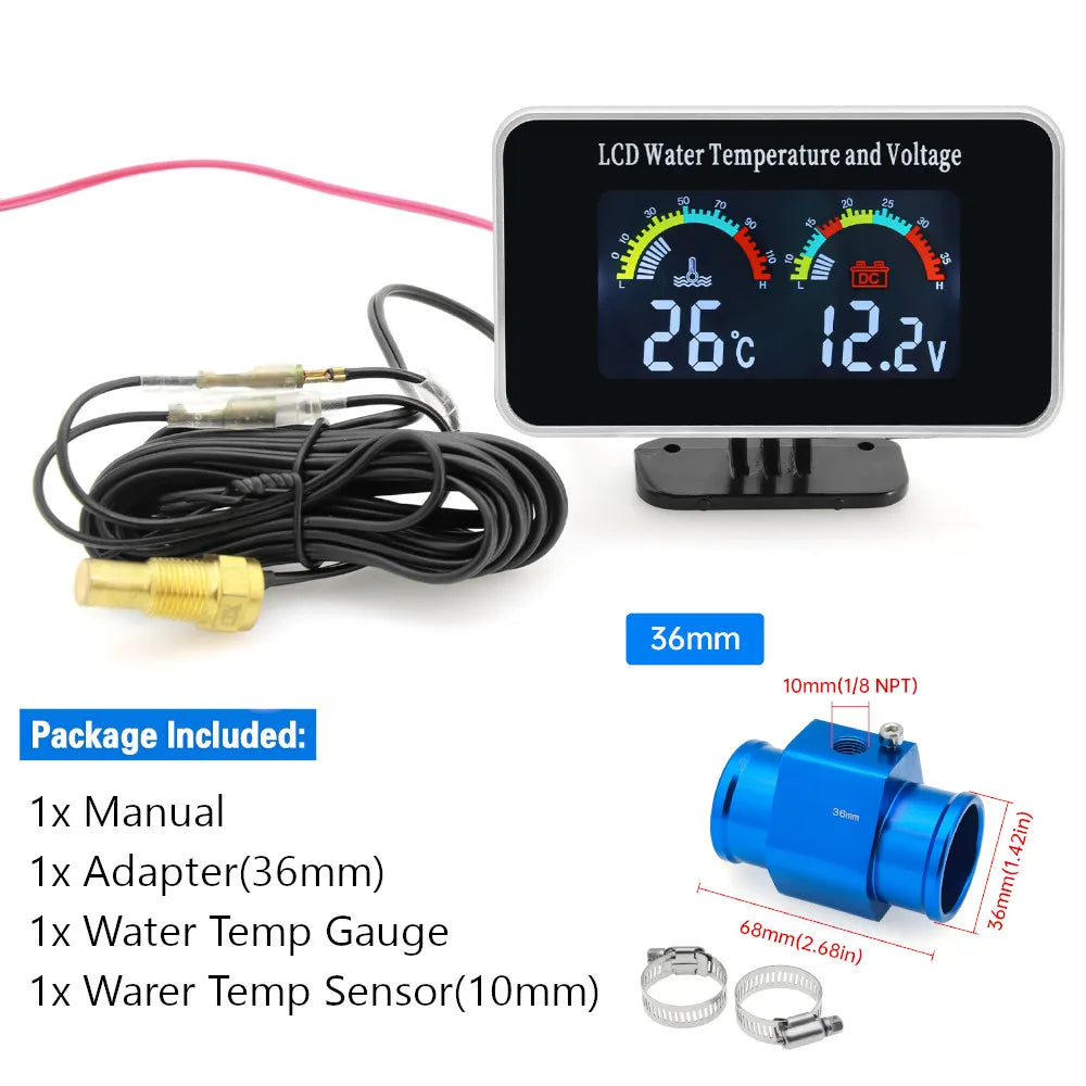 HD Car LCD Water Temperature Meter Thermometer Voltmeter Gauge 2in1 Temp&Voltage Meter 10mm Sensor 26~40mm Adapter(Option)12V/24