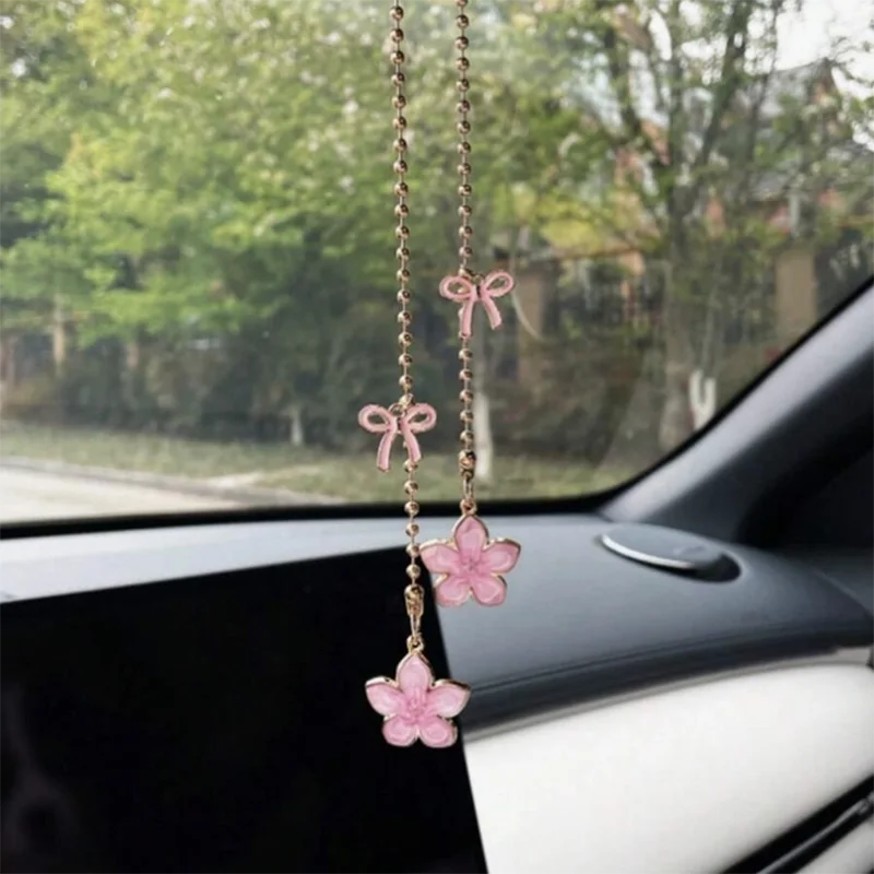 Car Rearview Mirror Pendant Pink Sakura Flower Pendant with Gold Chain Cute Auto Interior Decor Gifts for Women Decoraction