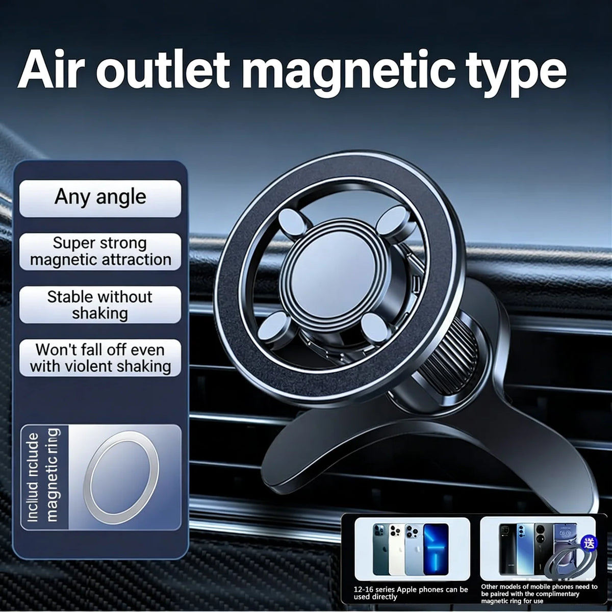 Car Phone Holder Air Outlet Magsafe Magnetic Multifunctional Black