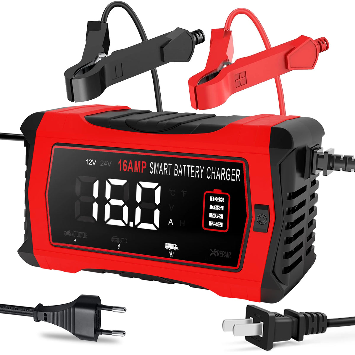 12V/16A 24V/10A Car Charger for Lithium LiFePO4 Lead-acid Battery 6V 12V 24V AGM GEL RV SUV ATV Smart Repair Charger Maintainer
