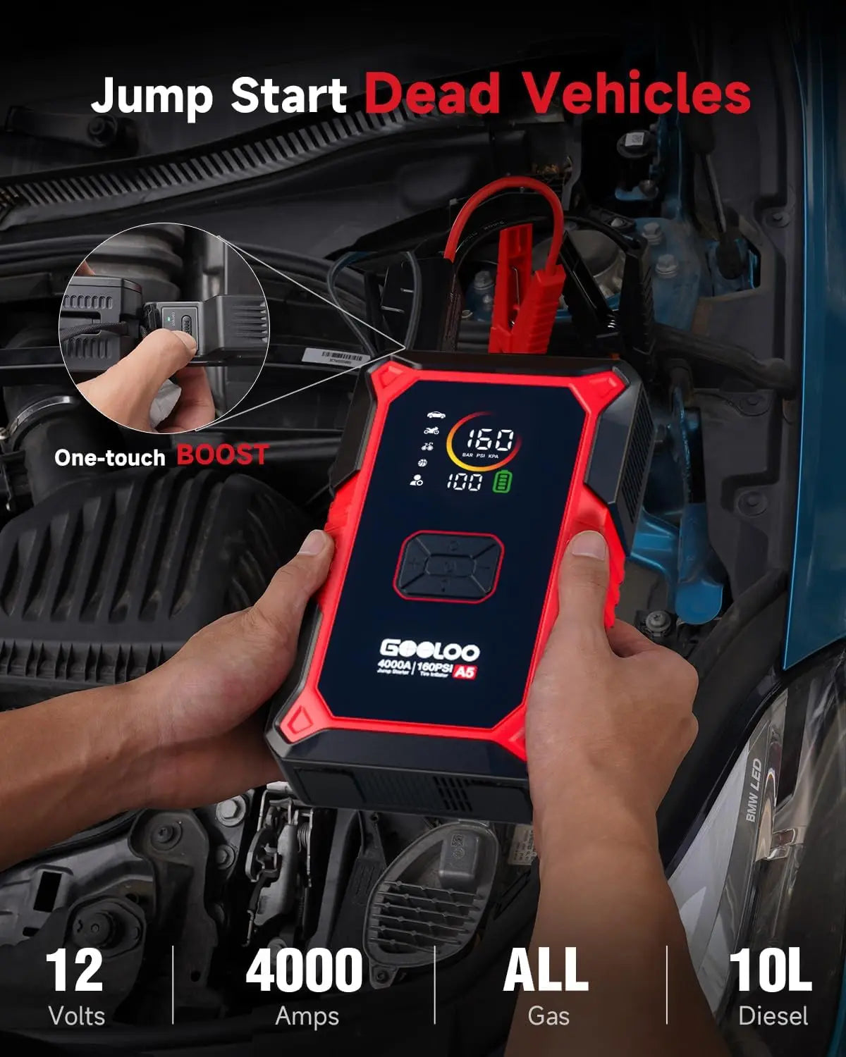 GOOLOO A5 4000A Portable Jump Starter with Air Compressor 12000mAh Car Battery Starter with LED Flashlight And USB Charging