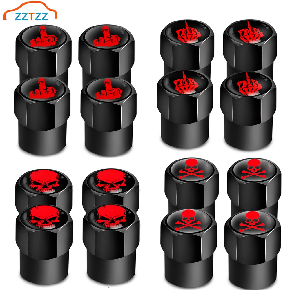 Red Skull Valve Stem Caps | 4-Pack Aluminum Alloy Tire Valve Covers for Cars, Trucks, Motorcycles