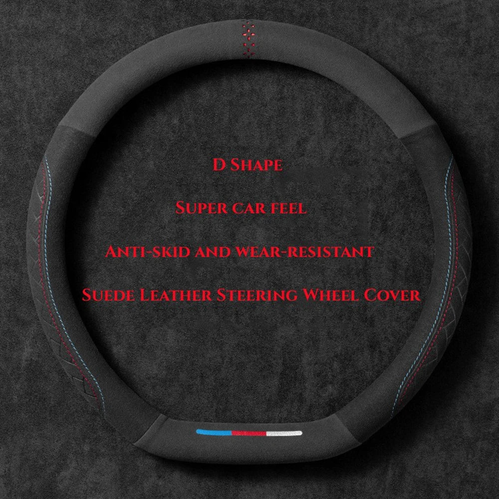 Car Steering Wheel Cover Wrap Suede Leather Breathable Anti Slip Universal 37-38cm additional angle