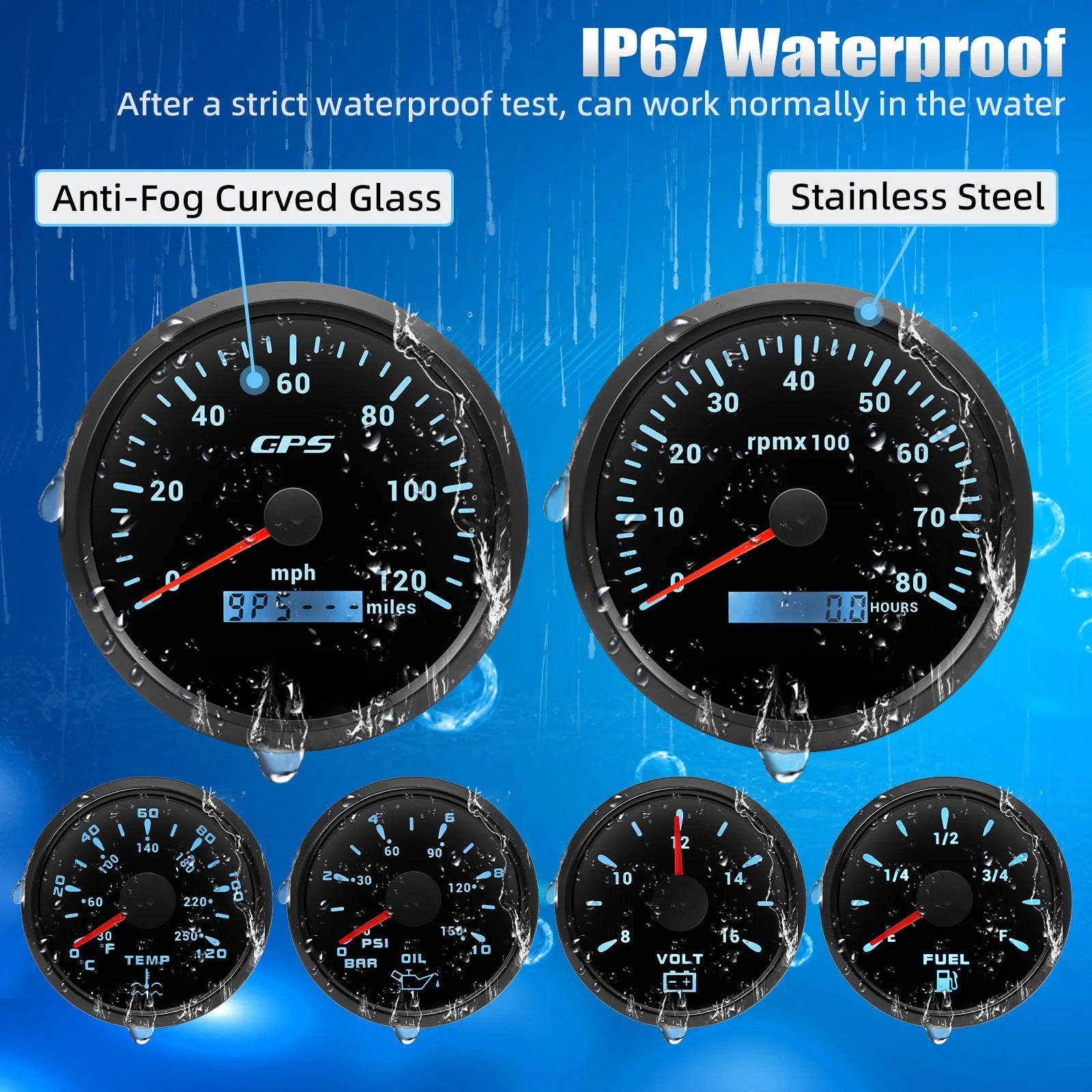 6 Gauge Set with GPS Speedometer, Tachometer, Voltmeter, and Sensors | 110mm and 52mm Ma detail view