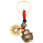 Brass Lucky Cat Keychain with Five Emperor Coins alternate view