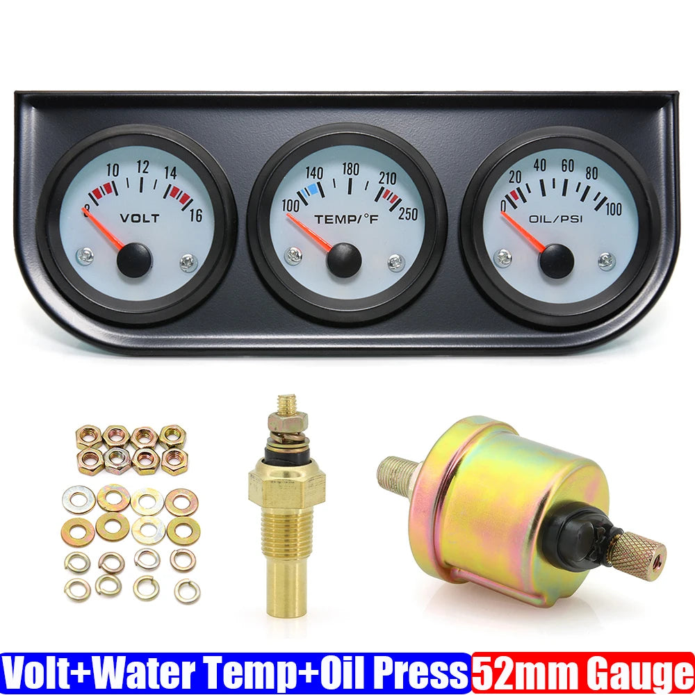 52mm Triple Gauge Kit 3 in 1 | Car Water Temp, Oil Pressure & Voltage Meter additional angle