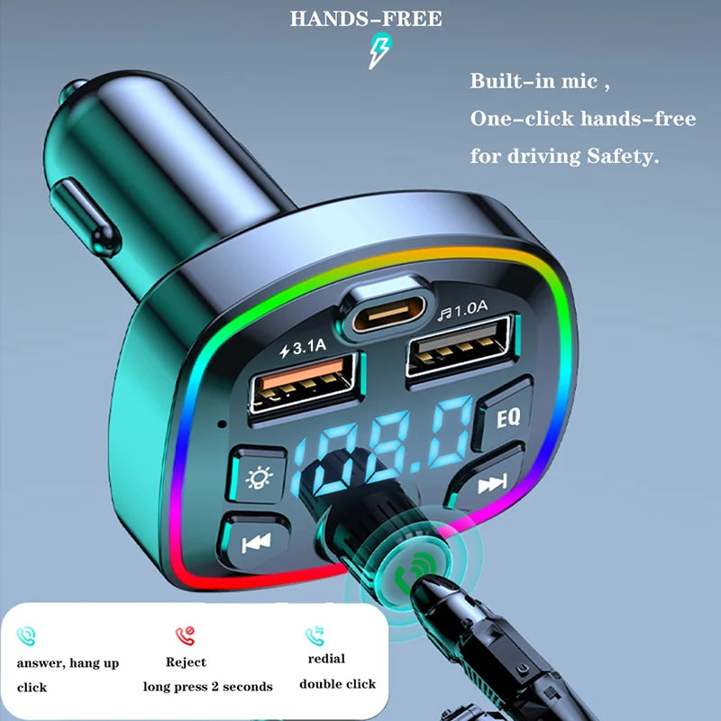 Bluetooth 5.0 FM Transmitter Receiver Car Charger Dual USB Car MP3 Player Adapter Auto close-up view
