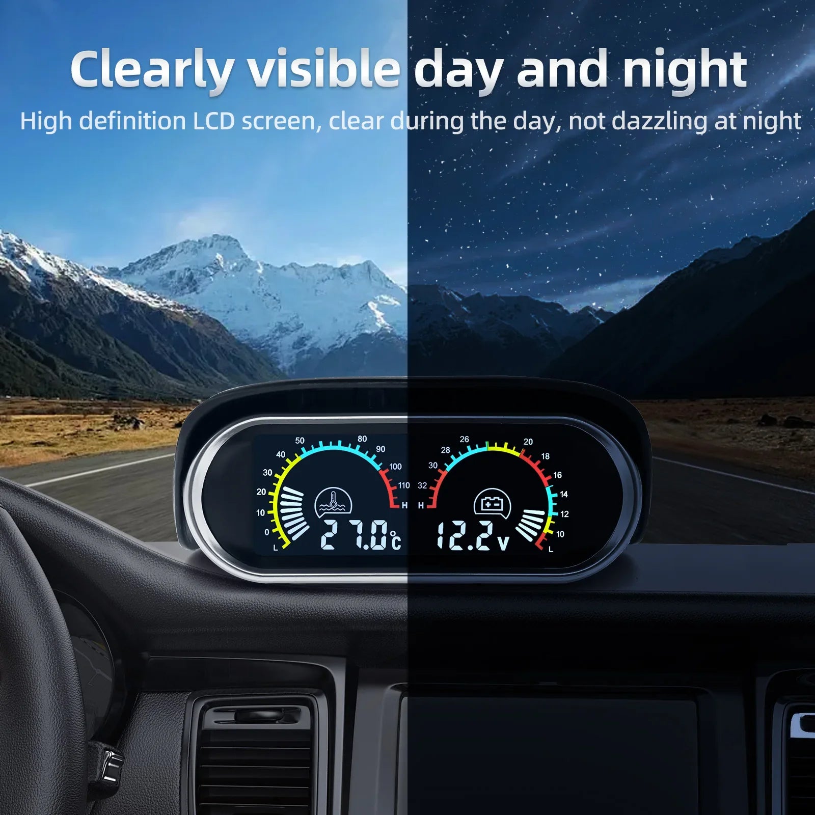 2 in 1 LCD Digital Display Voltmeter and Water Temp Gauge | Universal Car Truck Gauge close-up view