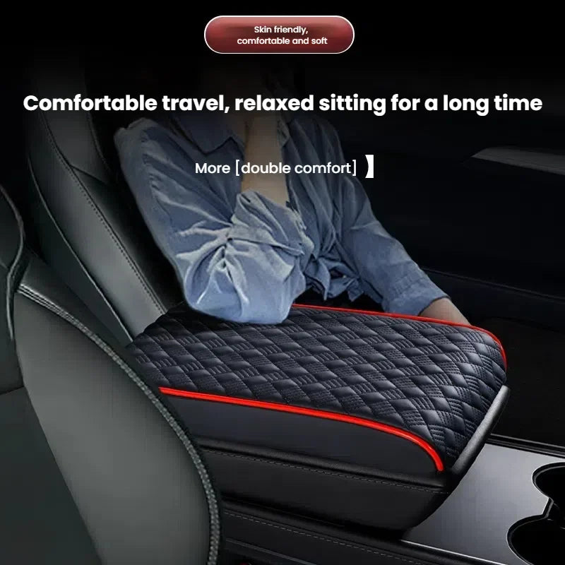 Premium Red Leather Car Armrest Box Pad | Adjustable Dashboard Organizer with Ergonomic detail view