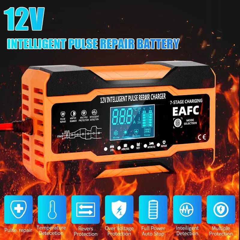 EAFC 240W Smart Car Battery Charger 12V 12A Charge for Car Batteries 7-Stage Charging Pulse Repair for AGM GEL WET Lead Acid