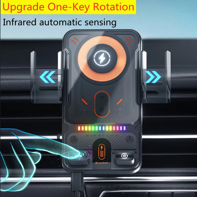 Car Unicersal Air Vent Electric Rotating Opening Closing Phone Holder 15W Wireless Charger Dual Coil