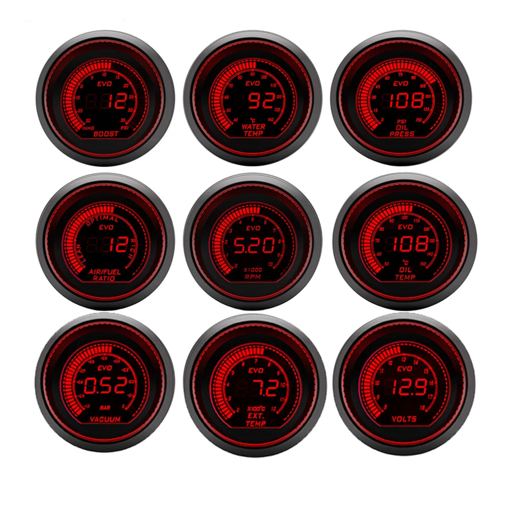 52mm 7-in-1 Car Gauge Set with Tachometer, Boost, Vacuum, Water Temp, Oil Temp, Oil Press, Exhaust T