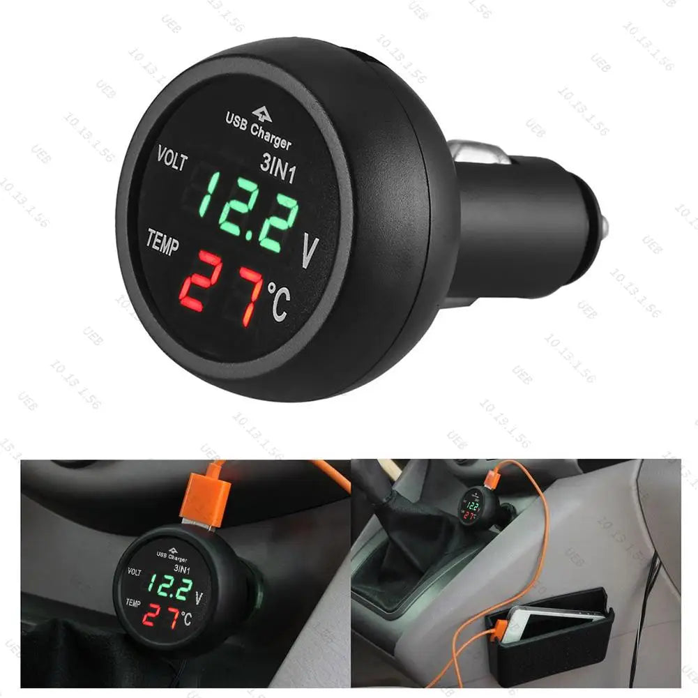 3 in 1 Car LED Digital Voltmeter Gauge Thermometer USB Charger | 12V/24V Dual USB Port Monitor