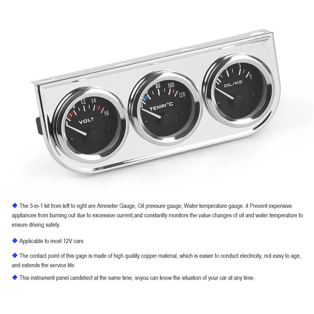 3 in 1 Car Gauge Kit 2INCH 52mm | Volt Water Temp Oil Press Triple Gauge Set with Sensors