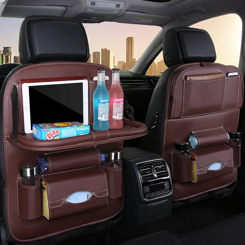 Car Seat Back Organizer PU Leather Foldable Table Tray with Storage Pockets And Kick Mats - Vehicle