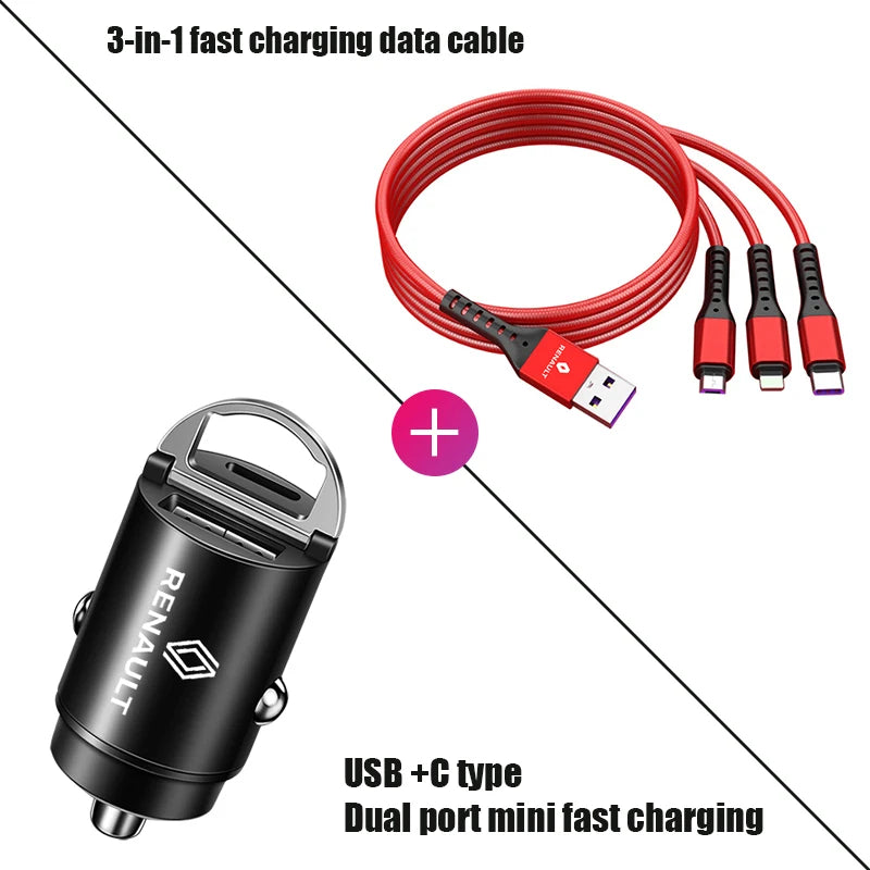 USB Car Charger with Data Cable | 3-in-1 Fast Charging Kit for Renault Models detail view