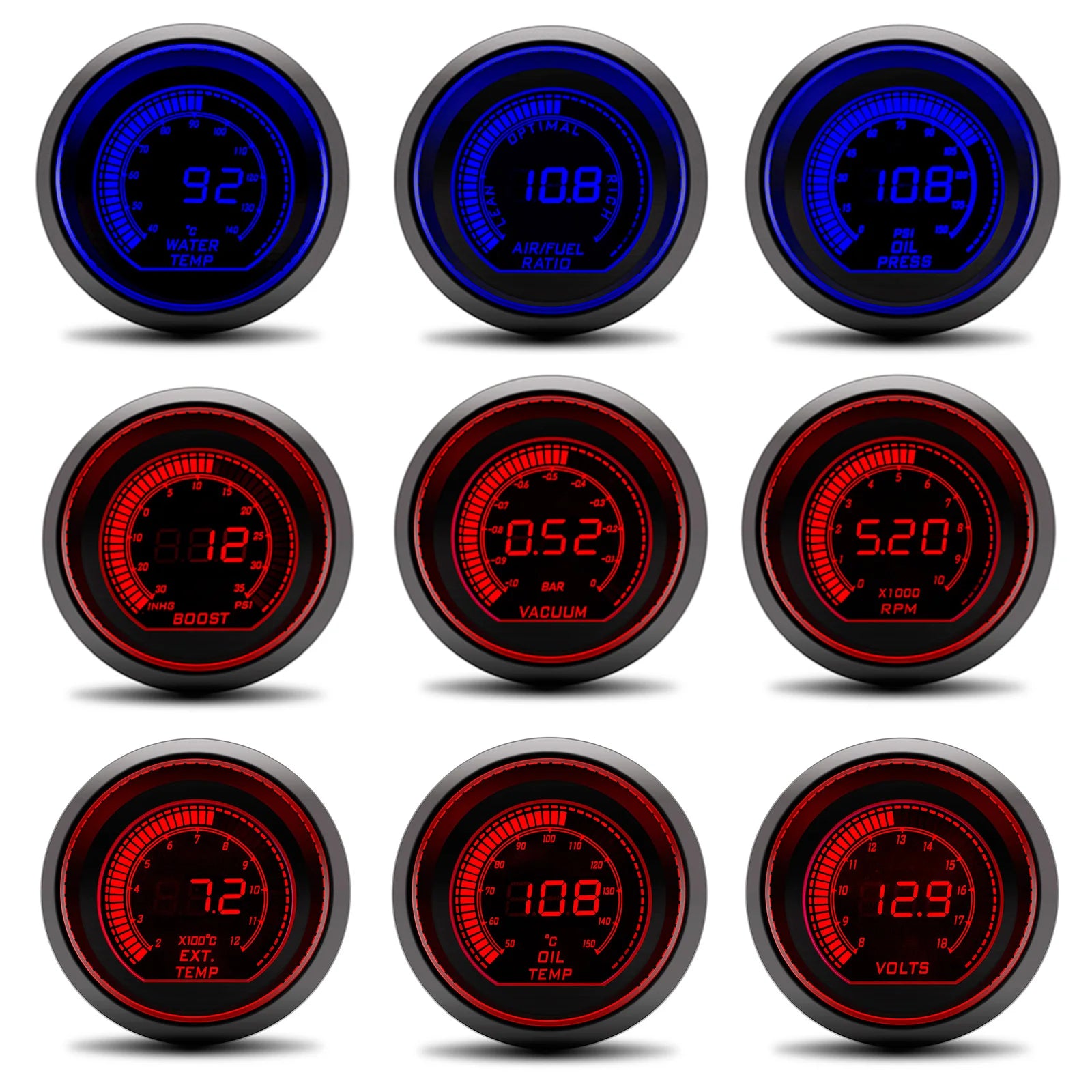 AD 2" 52mm Red and Blue Dual LED Car Gauge Set | Boost, Water Temp, Oil Temp, Oil Pressure, Volt, Ta