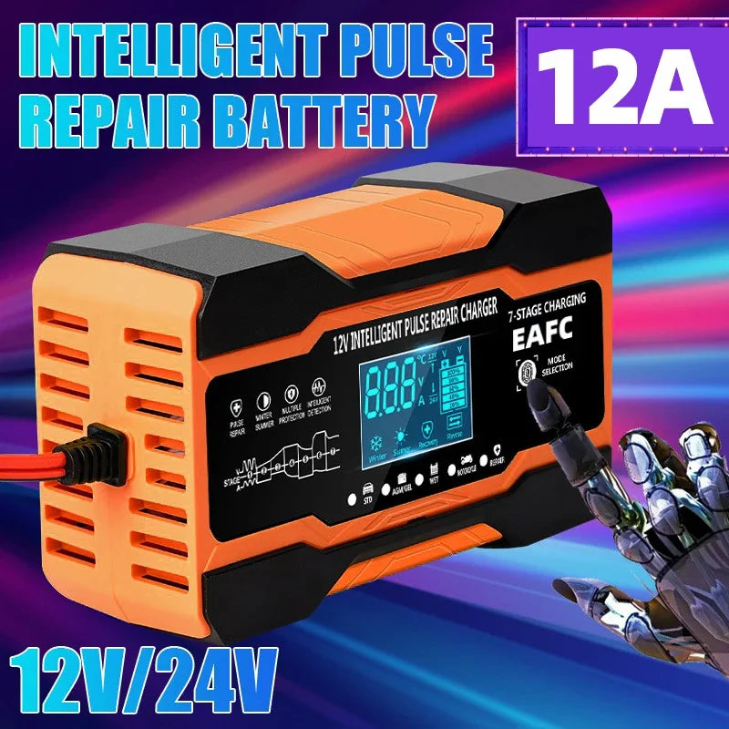 EAFC 240W Smart Car Battery Charger 12V 12A Charge for Car Batteries 7-Stage Charging Pulse Repair for AGM GEL WET Lead Acid