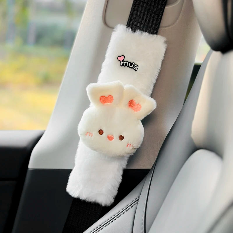 Cute Cartoon Bear Car Seat Belt Cover Imitation Rabbit Fur