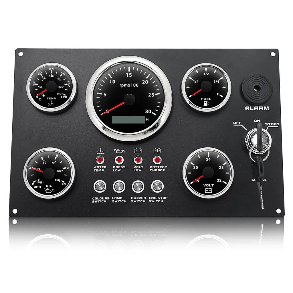 Engine Dash Instrument Panel 5 Gauge Set 7Color LED 85mm Tachometer 52mm Fuel Level Oil Press Water Temp VOLT for RV Boat Custom