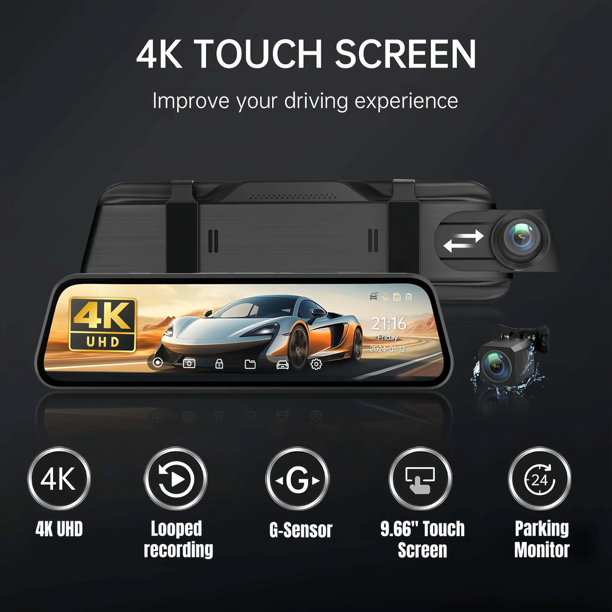 4K Dual Lens Rearview Mirror Dash Cam with IPS Touch Screen | 32G Card