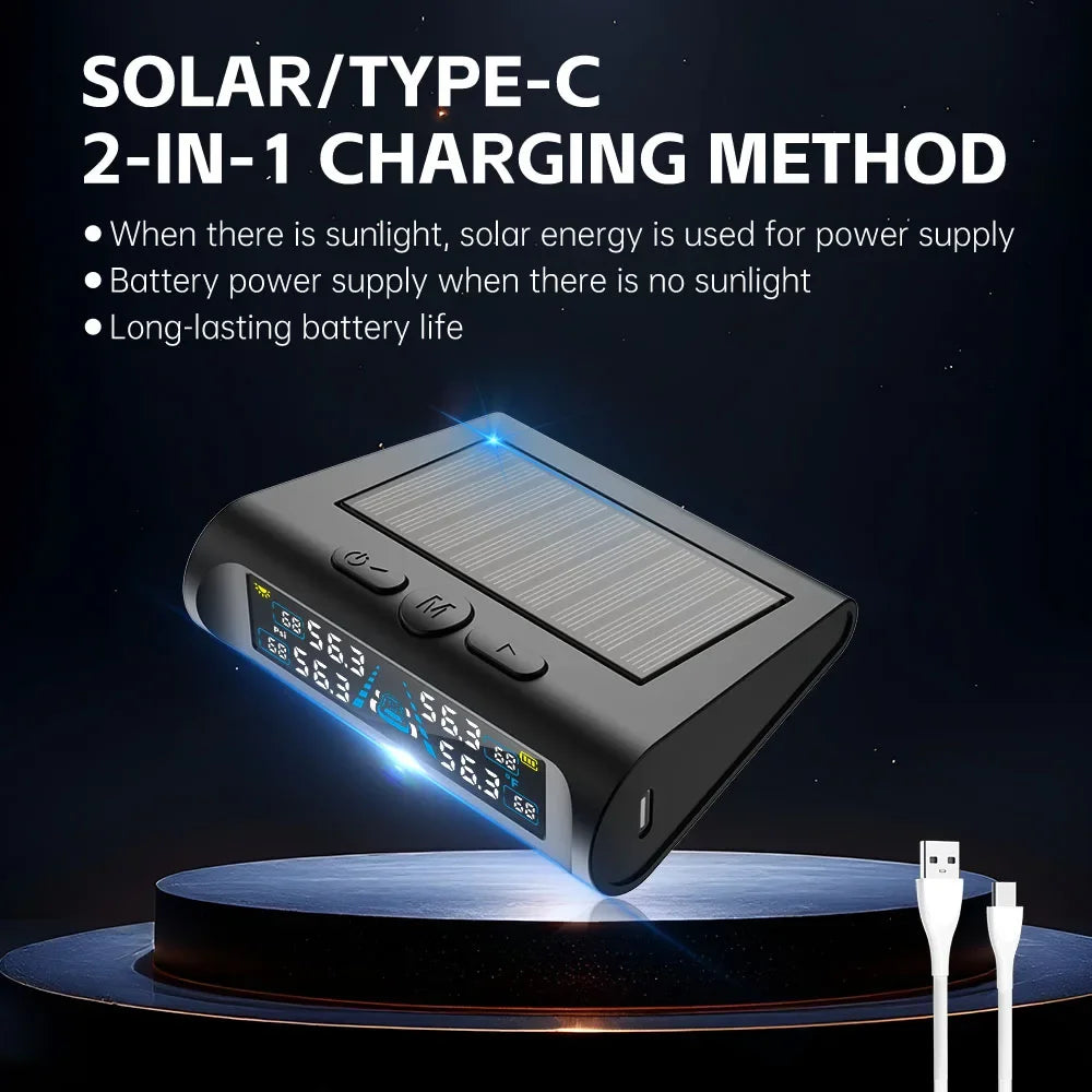USB/Solar TPMS Temperature Monitor with 4 External Sensors | Digital LCD Tire Pressure close-up view
