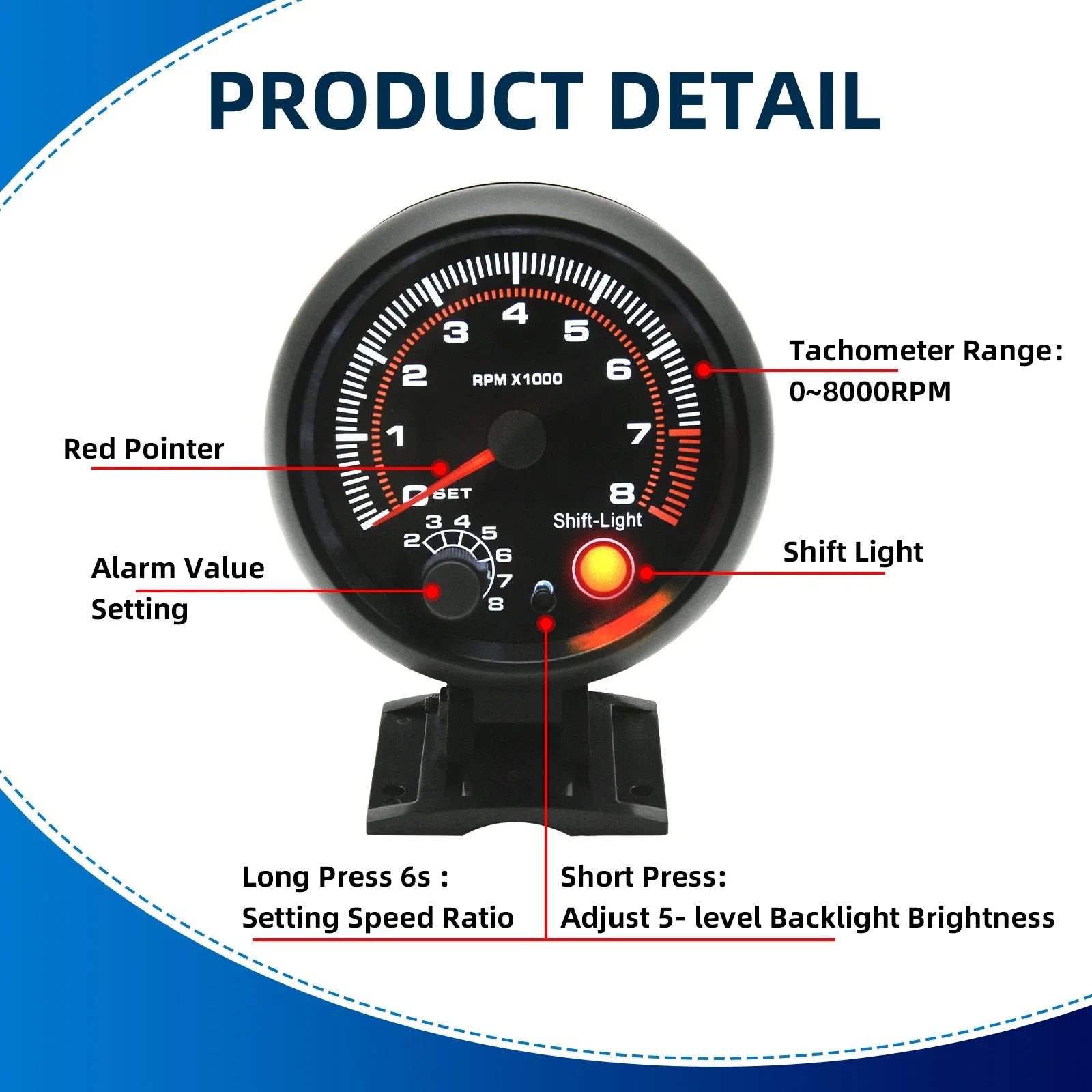 Car Universal Tachometer Gauge 0-8000 RPM Tachometer With Shift light Tacho Gauge For 1-8 Cylinders 12V Racing Car Vehicle