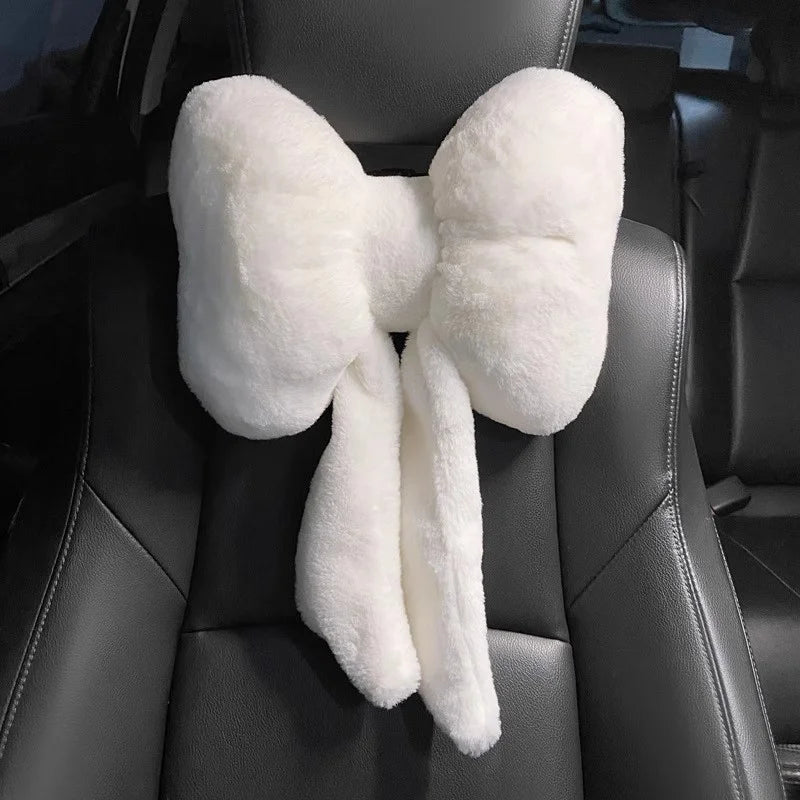 Cute Bowknot Car Headrest Neck Pillow | Plush Lumbar Support Cushion additional angle