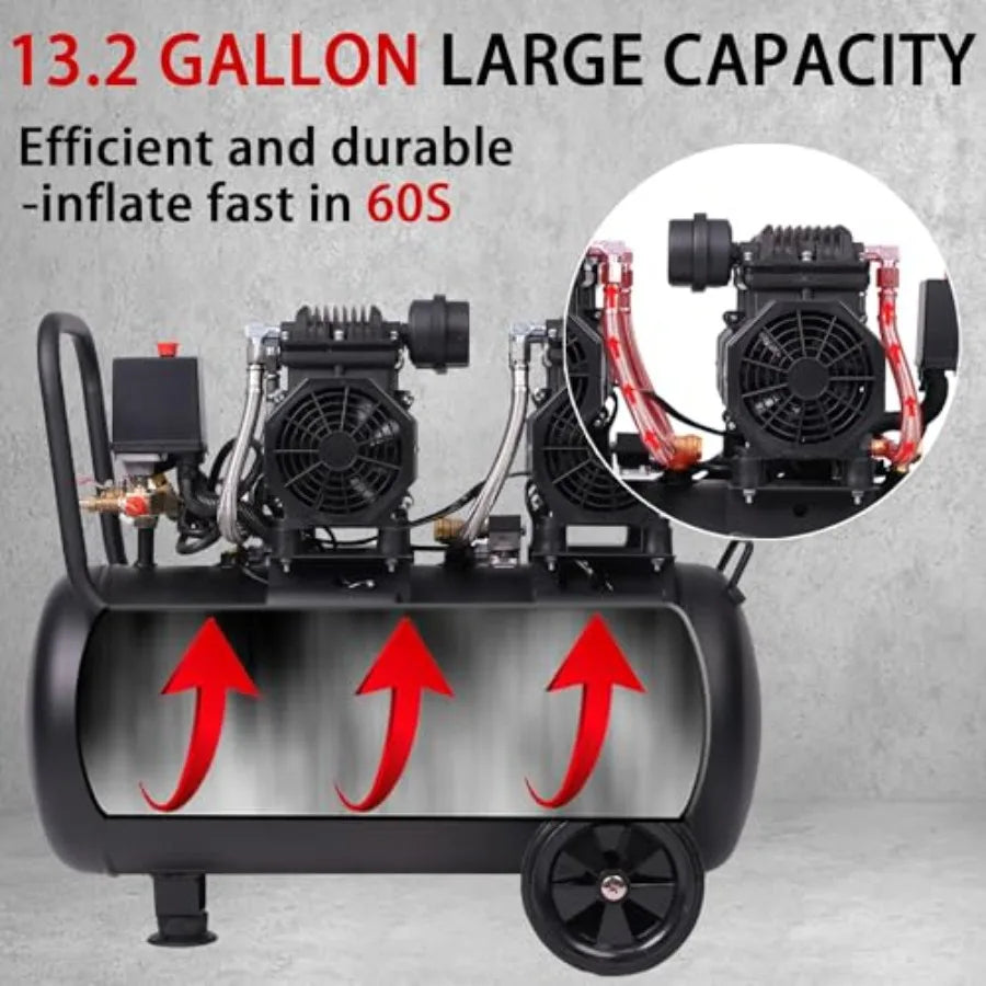13.2 Gallon Ultra Quiet Air Compressor 115Psi Steel Tank Oil-Free for Tire Inflation Pneumatic Tools Spray Painting 72dB Noise