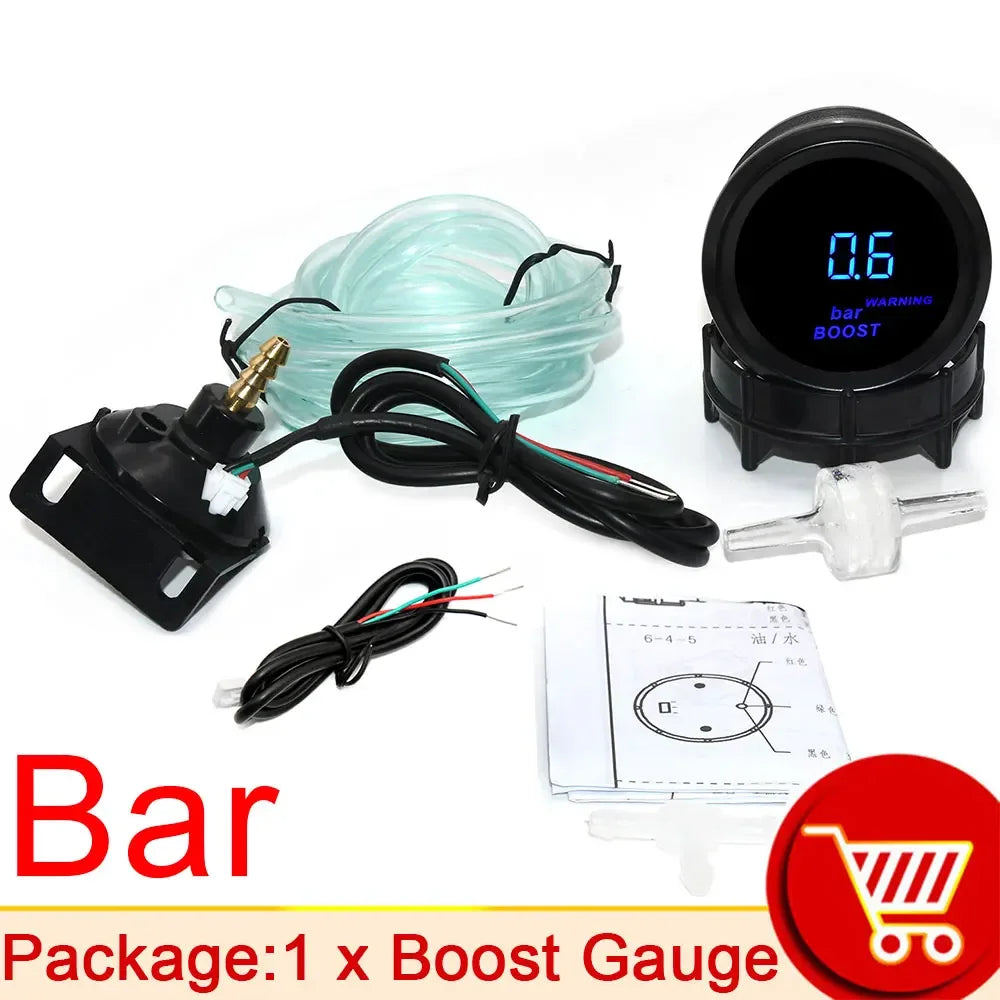 Digital Turbo Boost Gauge 52mm | BAR PSI Car Gauge Set with Water Temp Oil Pressure Vo close-up view