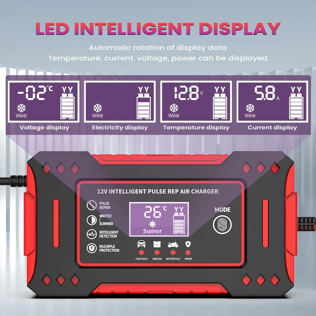 Charger Car and Motorcycle Battery Charging Unit Lead-Acid Battery Repair LCD Display lifestyle view