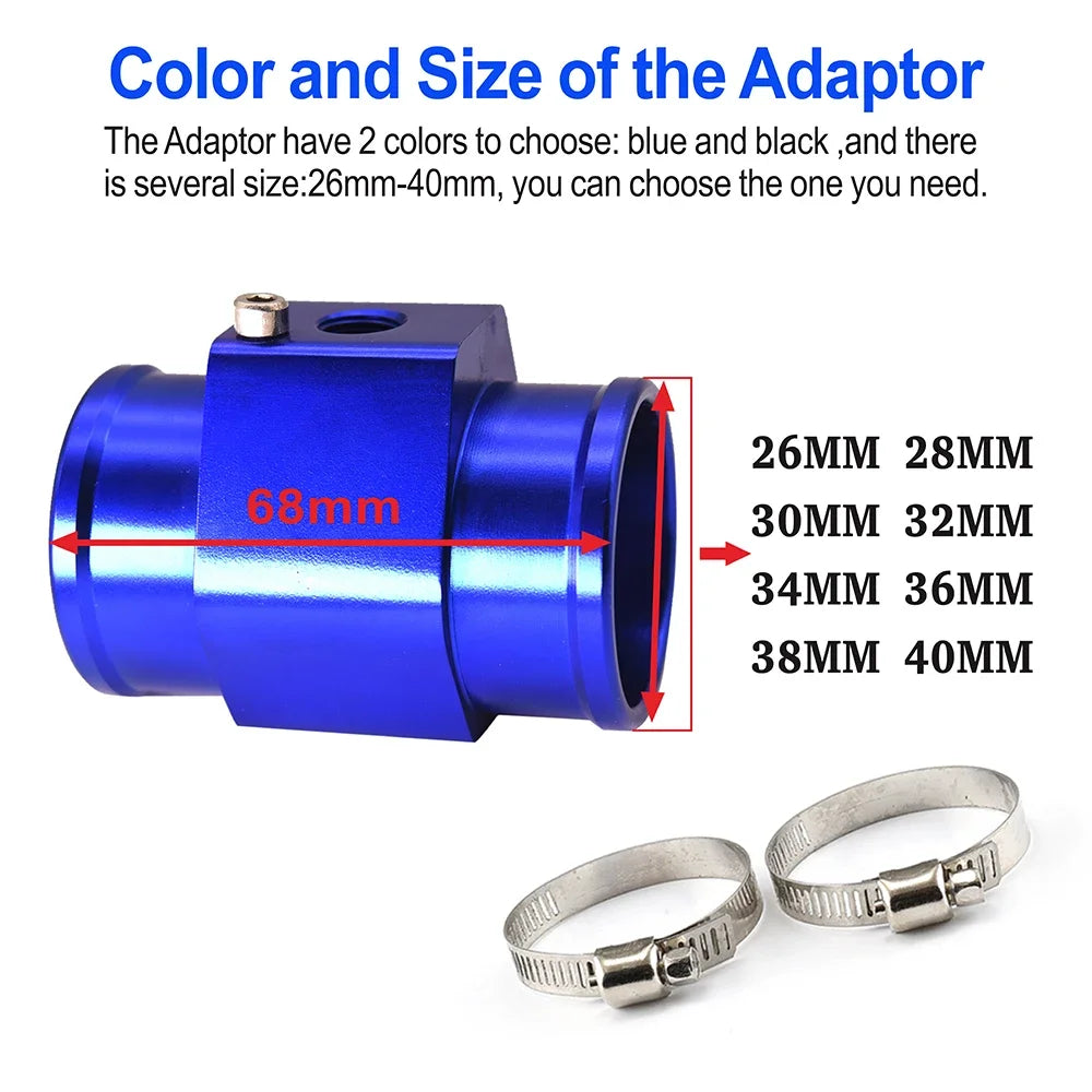 Blue and Black Aluminum Water Temp Gauge Adapter | 26-40mm Radiator Hose Sensor Pipe for Car Truck