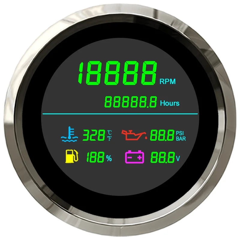 85mm 6 in 1 LCD MultiFunction Gauge | Tachometer Fuel Level Water Temp Oil Pressure V alternate view