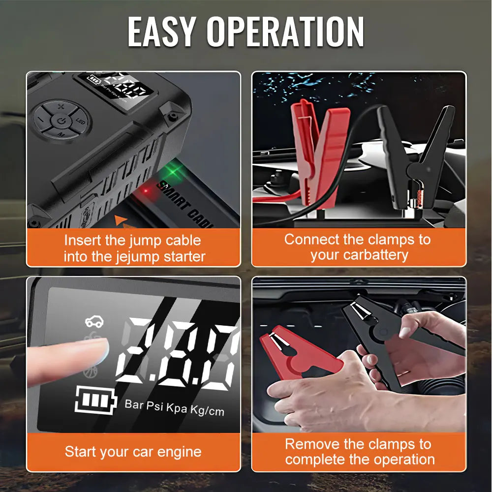 Car Jump Starter Battery Start Up Starting Power Repair Tools Tire Inflation Pump Automobile Emergency Clip 8000mAh For SUV RV Truck Motorcycle Universal Auto Accessories