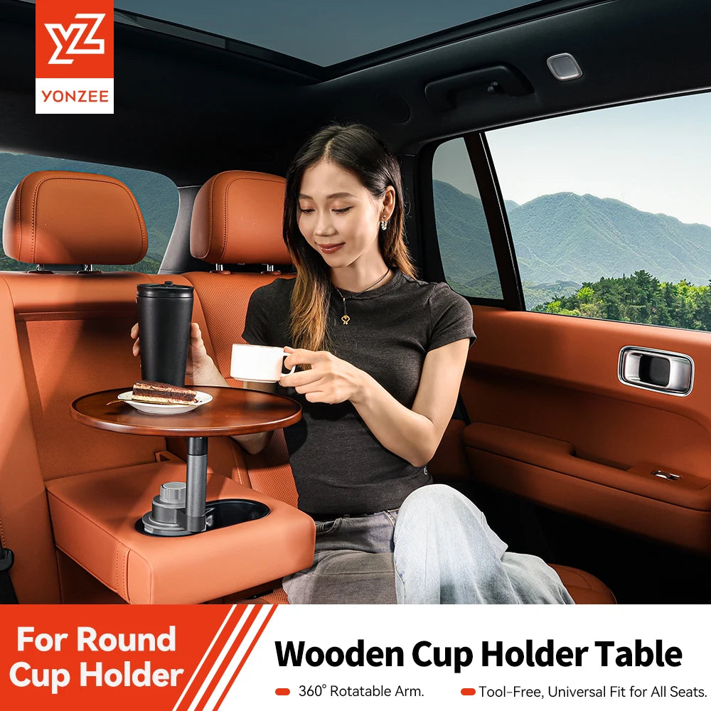 YZ Expander Multi-Function Wooden Car Cup Holder Drink Holder with Food Table | 360-Degree Adjustabl