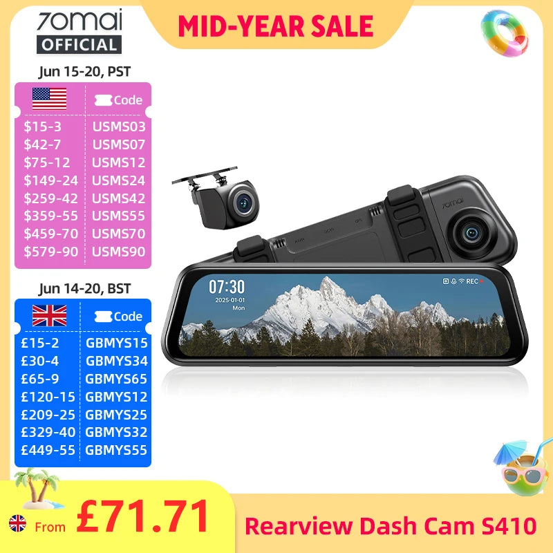 70mai S410 Rearview Dash Cam | 9.35-Inch Touch Screen Dual 2K+1080P Car DVR