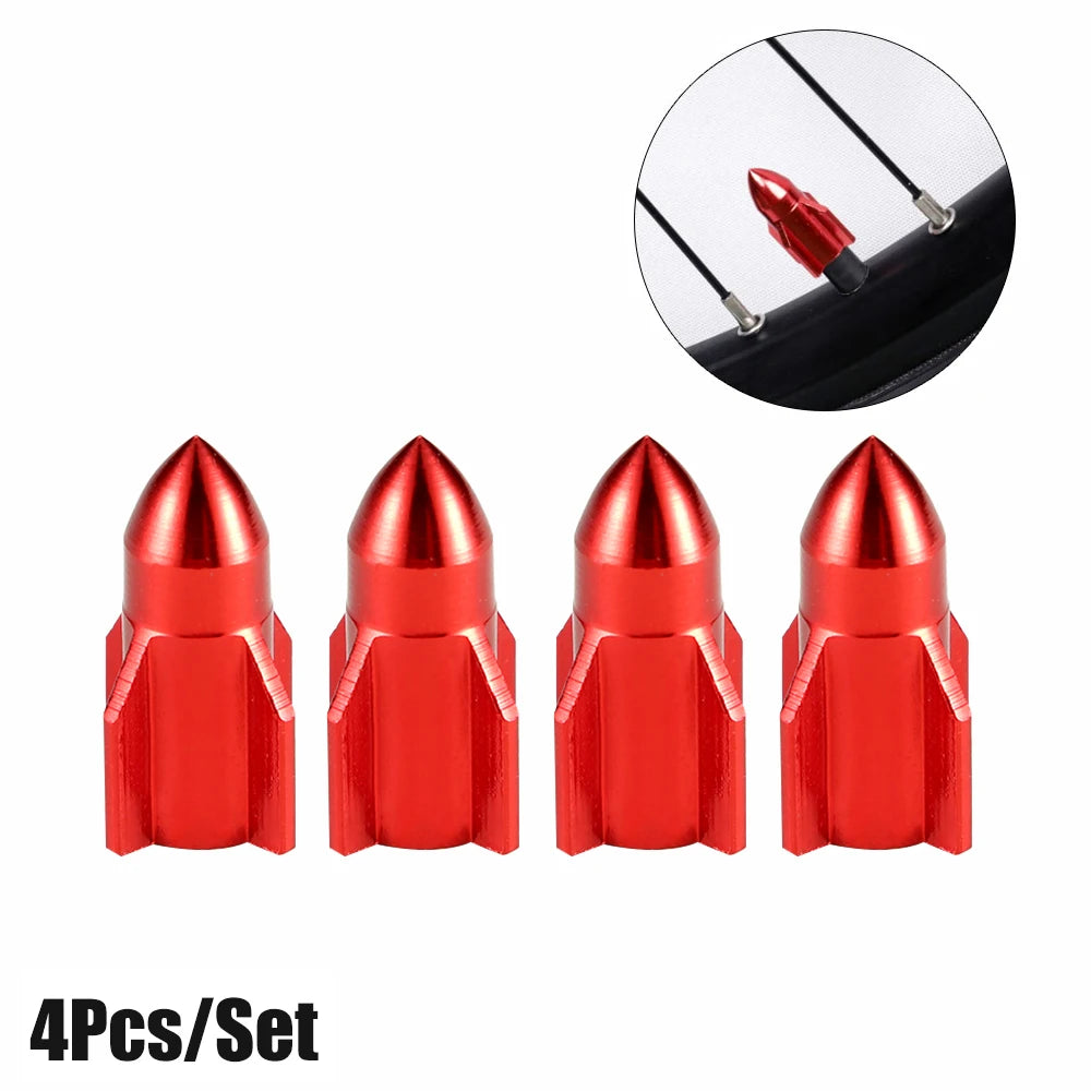 Aluminum Rocket Tire Valve Caps Set of 4 | Car and Motorcycle Alloy Valve Stem Covers close-up view