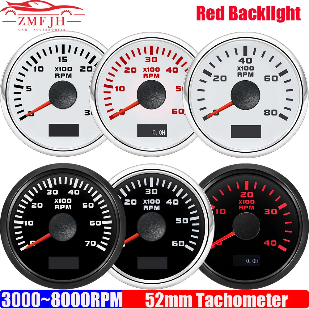 2" 52mm Tachometer Gauge | Red Backlight RPM Meter for Car Boat Marine 12V 24V